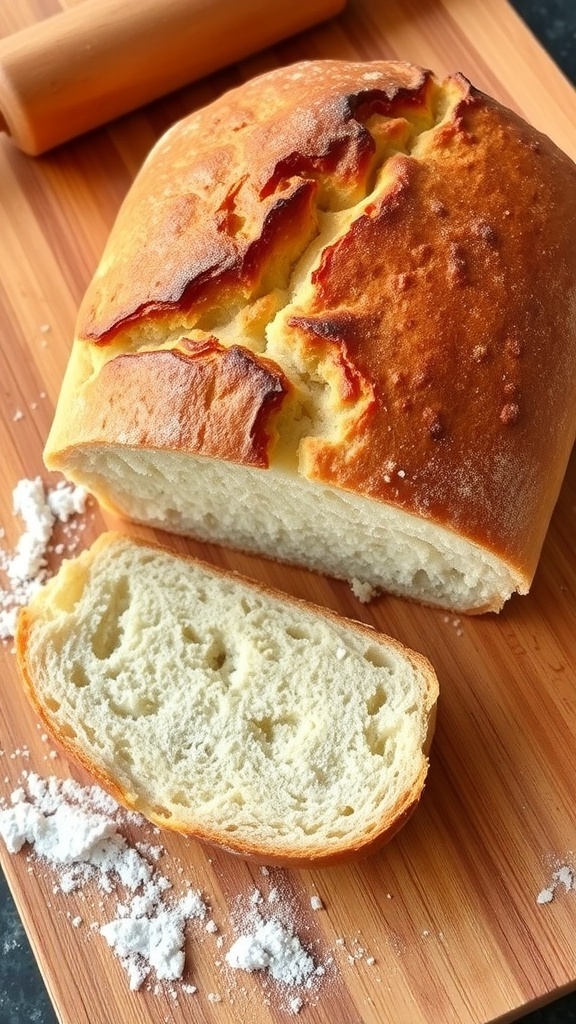 A golden crusted loaf of bread on a wooden board with a slice cut to show the soft interior.